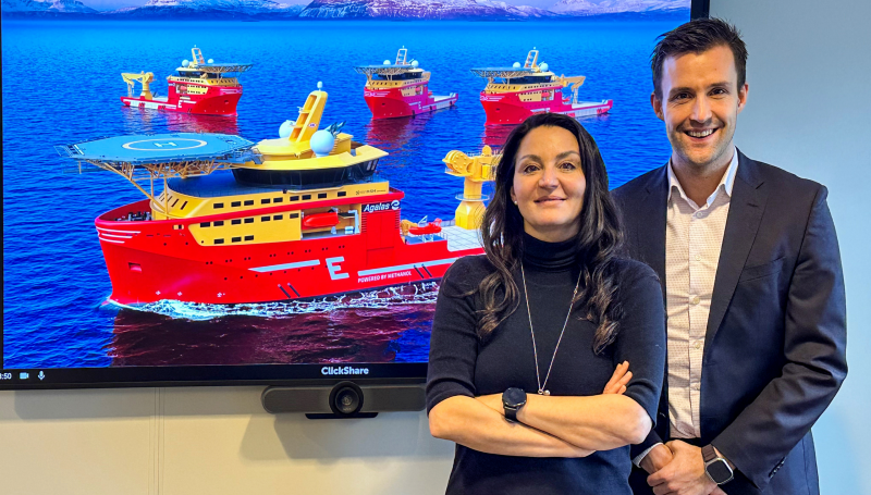 CEO of Eidesvik Offshore, Gitte Gard Talmo, and CEO of Agalas, Mats Nygaard Johnsen, enter into a partnership to build the world's first methanol-powered vessel for subsea and offshore wind markets.